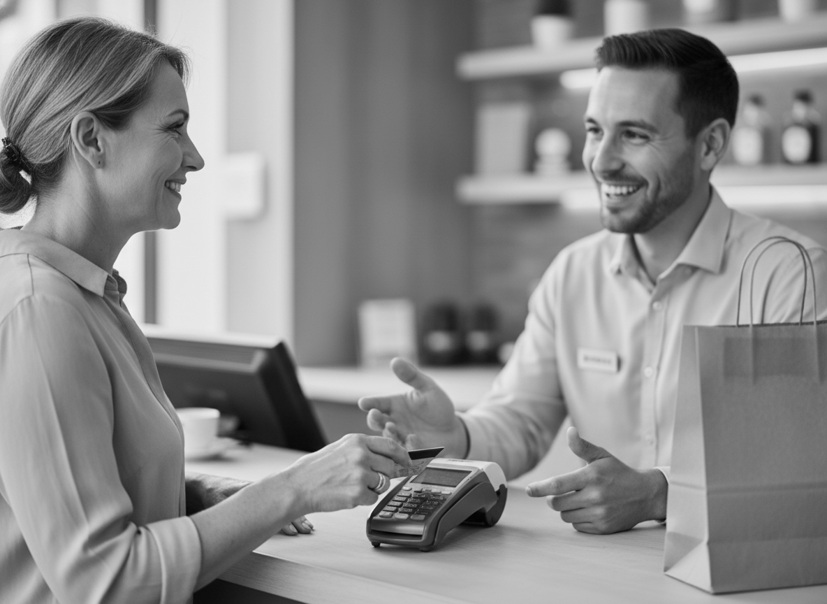 Happy customers with a local business owner